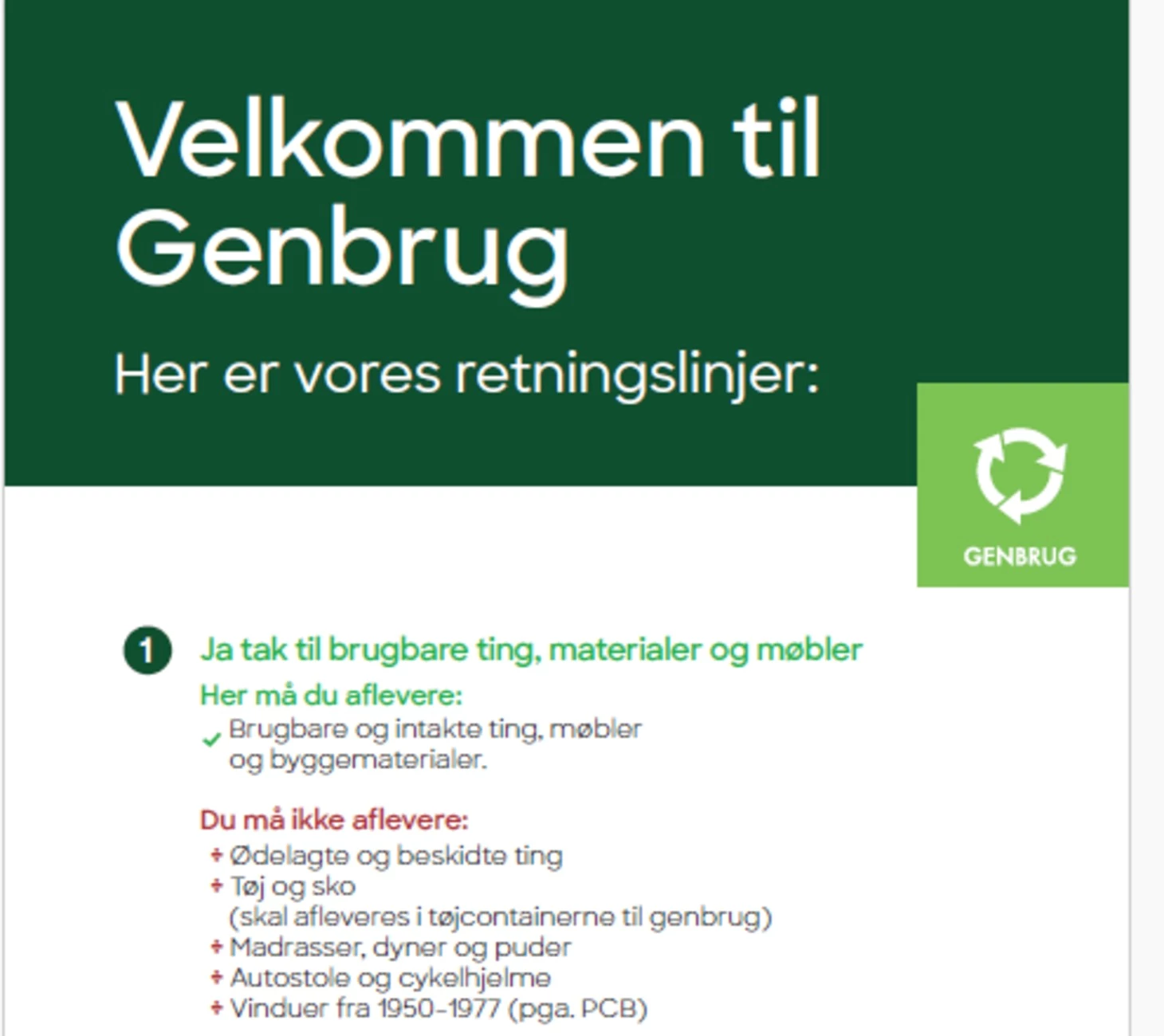 Billede med oversigt over retningslinjer for, hvilke ting der må afleveres til genbrug på Kredsløbs genbrugspladser.