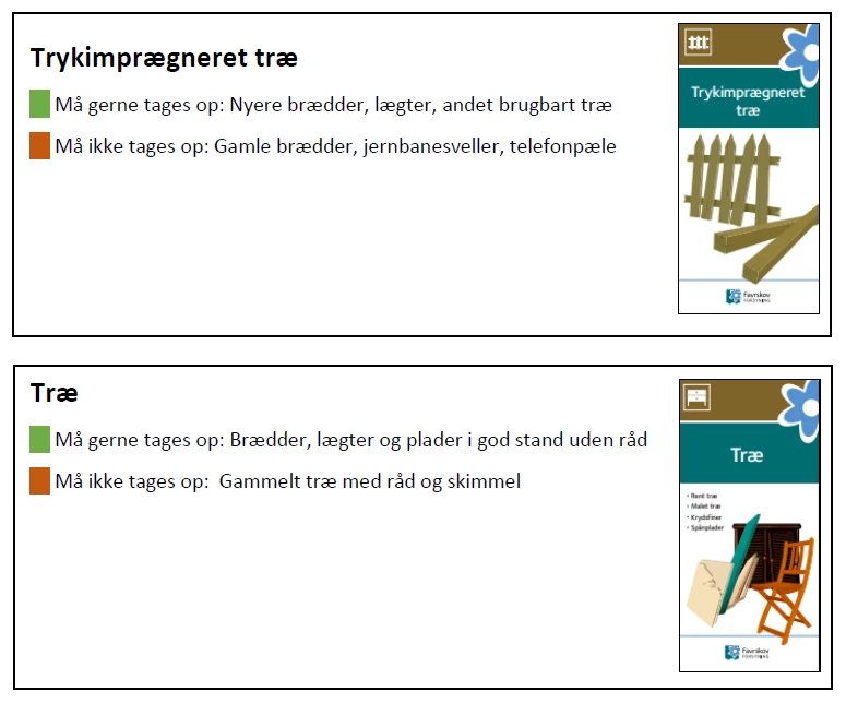 Tjeliste til hvilket træ, der må fiskes op af containerne på Favrskov Forsynings genbrugspladser..